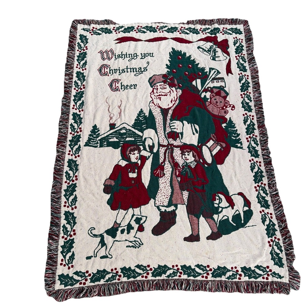 Vintage Christmas Throw Old World Santa Tapestry Fringe Blanket Decor 68x46